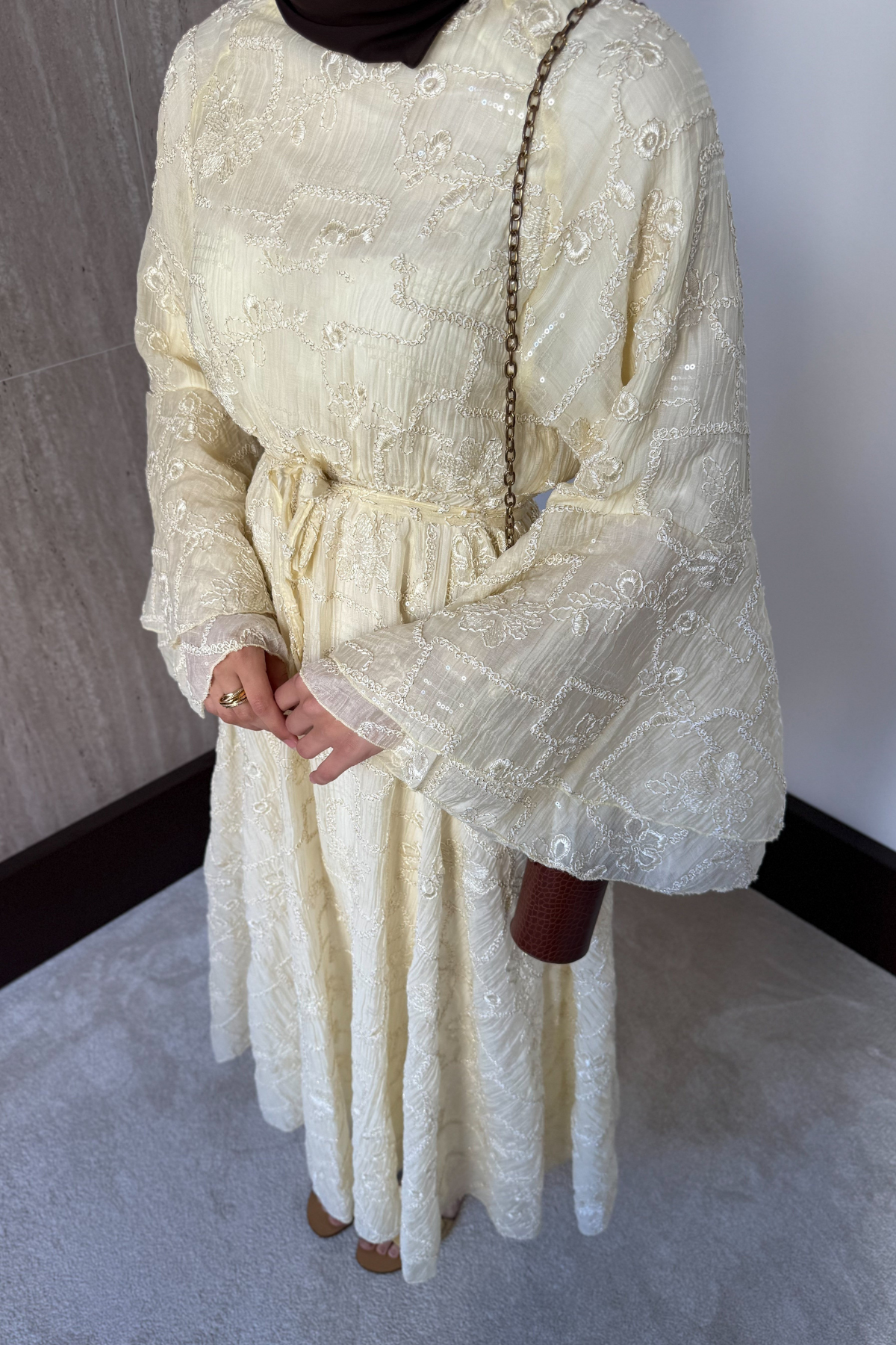 Modest Maxi Dress with Embroidered Tulle and Bell Sleeves — Ekru