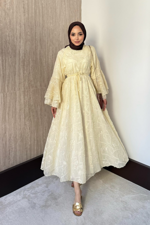 Modest Maxi Dress with Embroidered Tulle and Bell Sleeves — Ekru