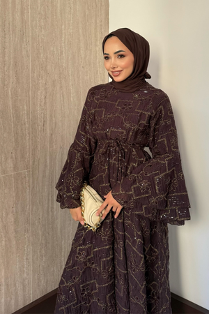 Modest Maxi Dress with Embroidered Tulle and Bell Sleeves — Kahverengi