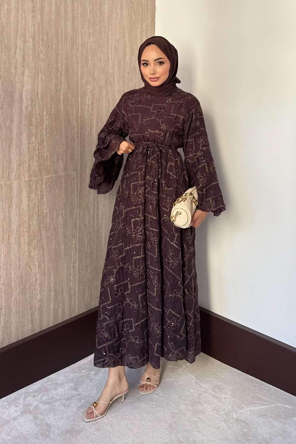 Modest Maxi Dress with Embroidered Tulle and Bell Sleeves — Kahverengi