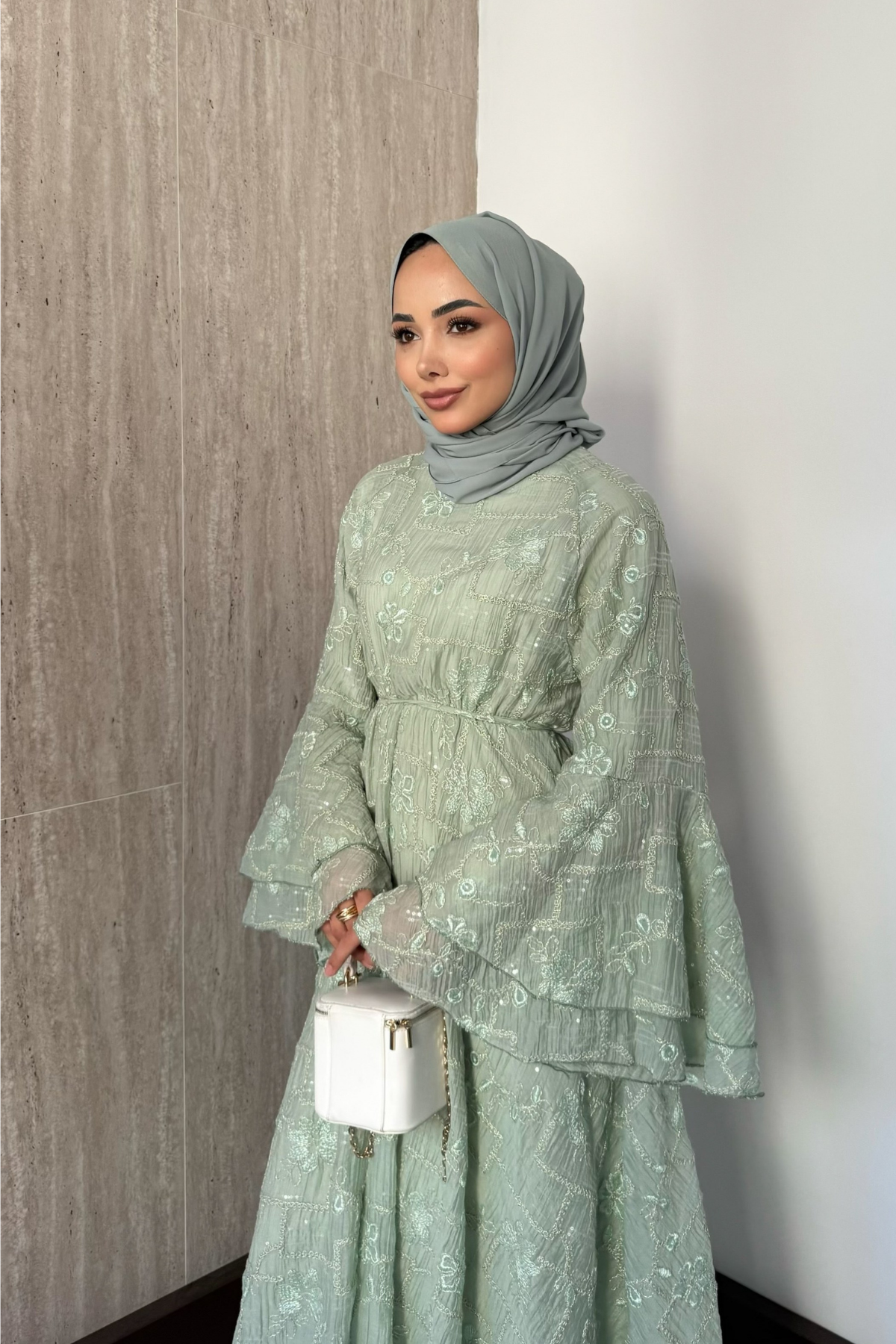 Modest Maxi Dress with Embroidered Tulle and Bell Sleeves — Mint Yesili