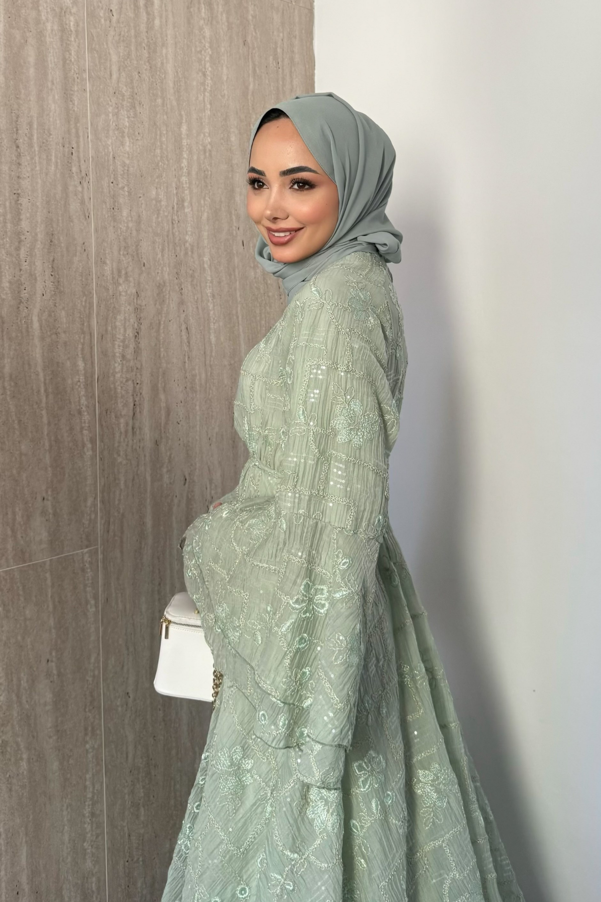 Modest Maxi Dress with Embroidered Tulle and Bell Sleeves — Mint Yesili