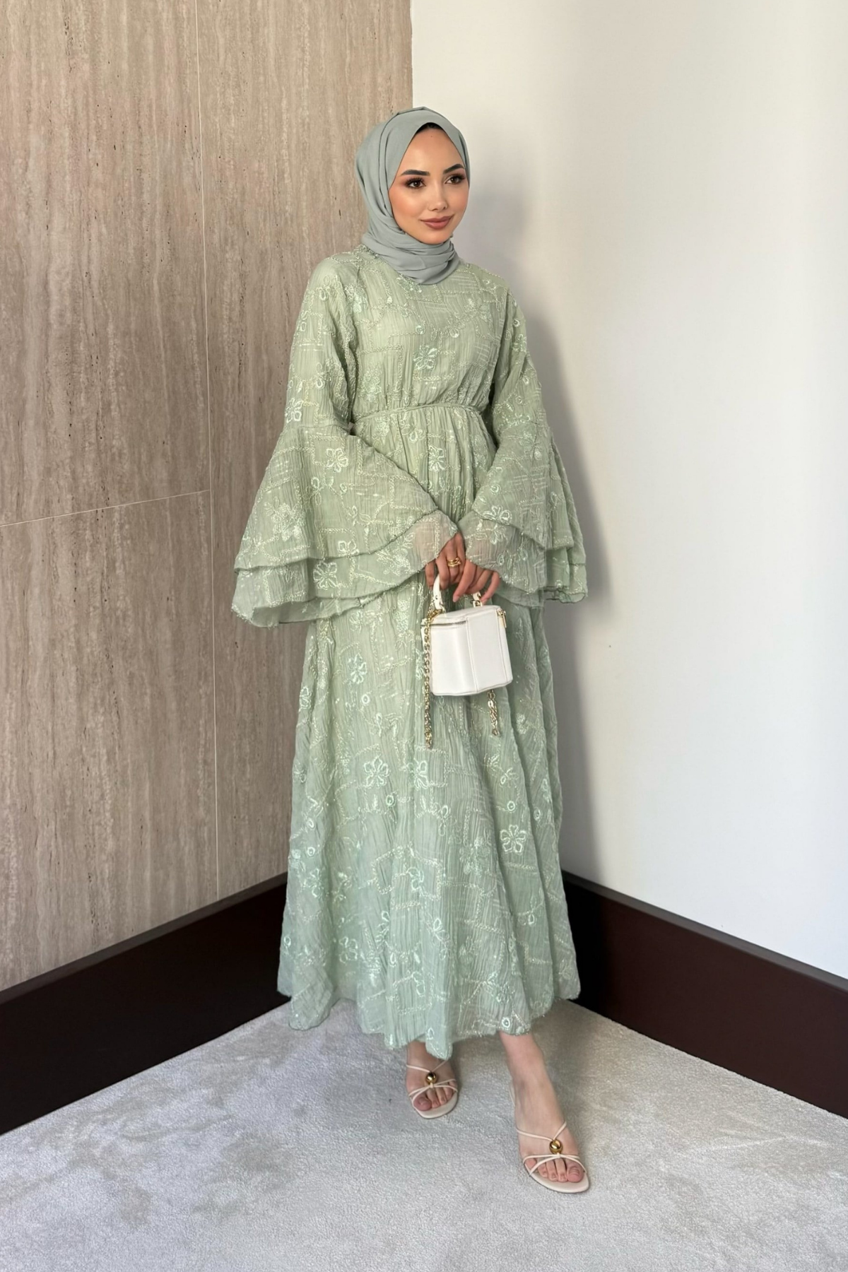 Modest Maxi Dress with Embroidered Tulle and Bell Sleeves — Mint Yesili