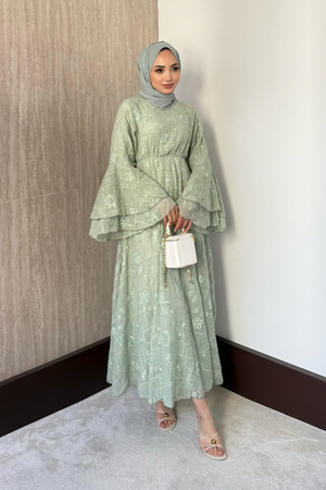 Modest Maxi Dress with Embroidered Tulle and Bell Sleeves — Mint Yesili