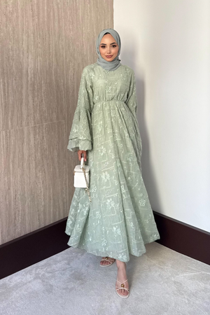 Modest Maxi Dress with Embroidered Tulle and Bell Sleeves — Mint Yesili