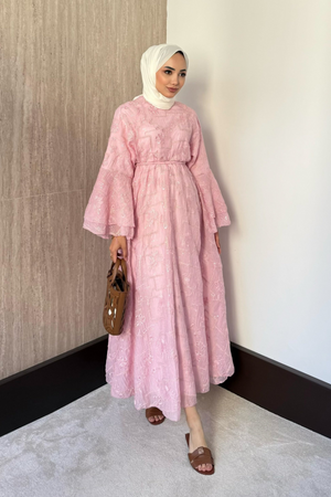 Modest Maxi Dress with Embroidered Tulle and Bell Sleeves — Pembe