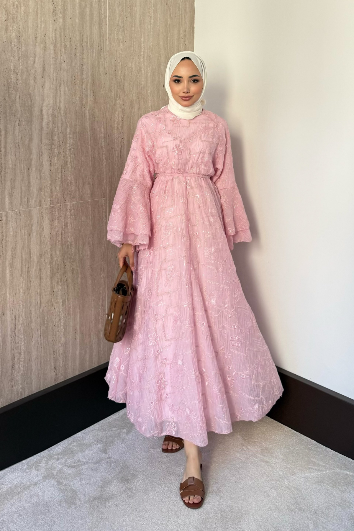 Modest Maxi Dress with Embroidered Tulle and Bell Sleeves — Pembe