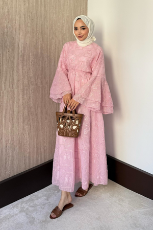 Modest Maxi Dress with Embroidered Tulle and Bell Sleeves — Pembe