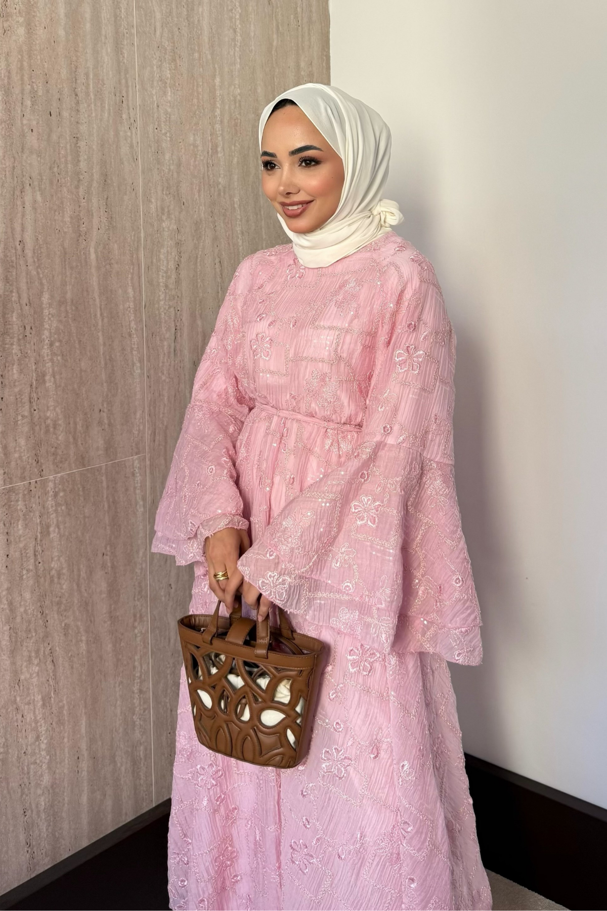 Modest Maxi Dress with Embroidered Tulle and Bell Sleeves — Pembe