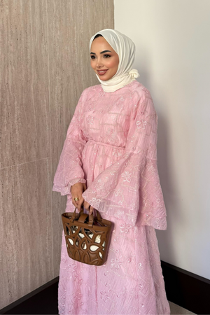 Modest Maxi Dress with Embroidered Tulle and Bell Sleeves — Pembe