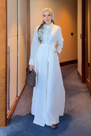 Breathable Linen Blend Tunic & Trouser Set — Beyaz