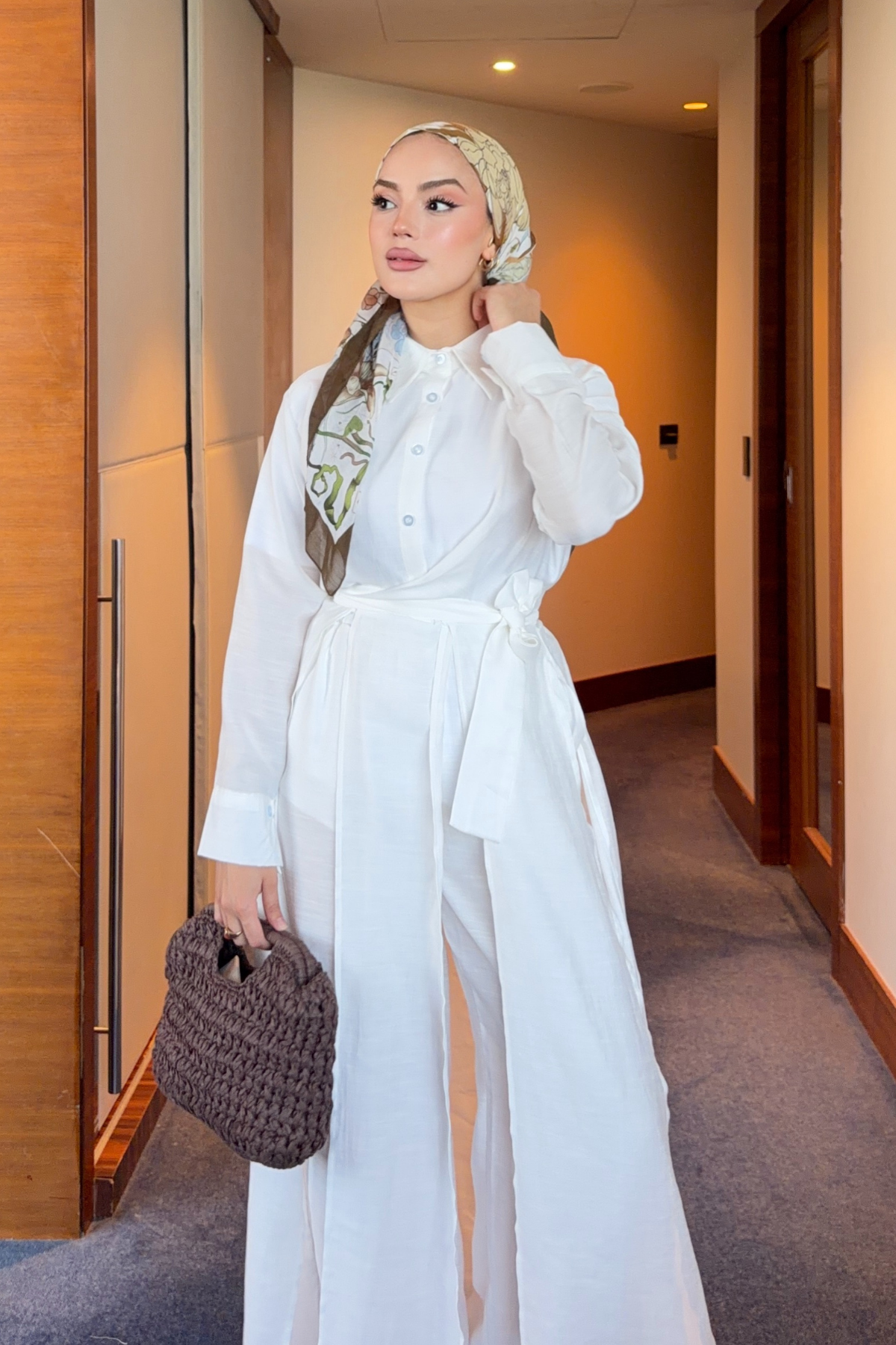 Breathable Linen Blend Tunic & Trouser Set — Beyaz