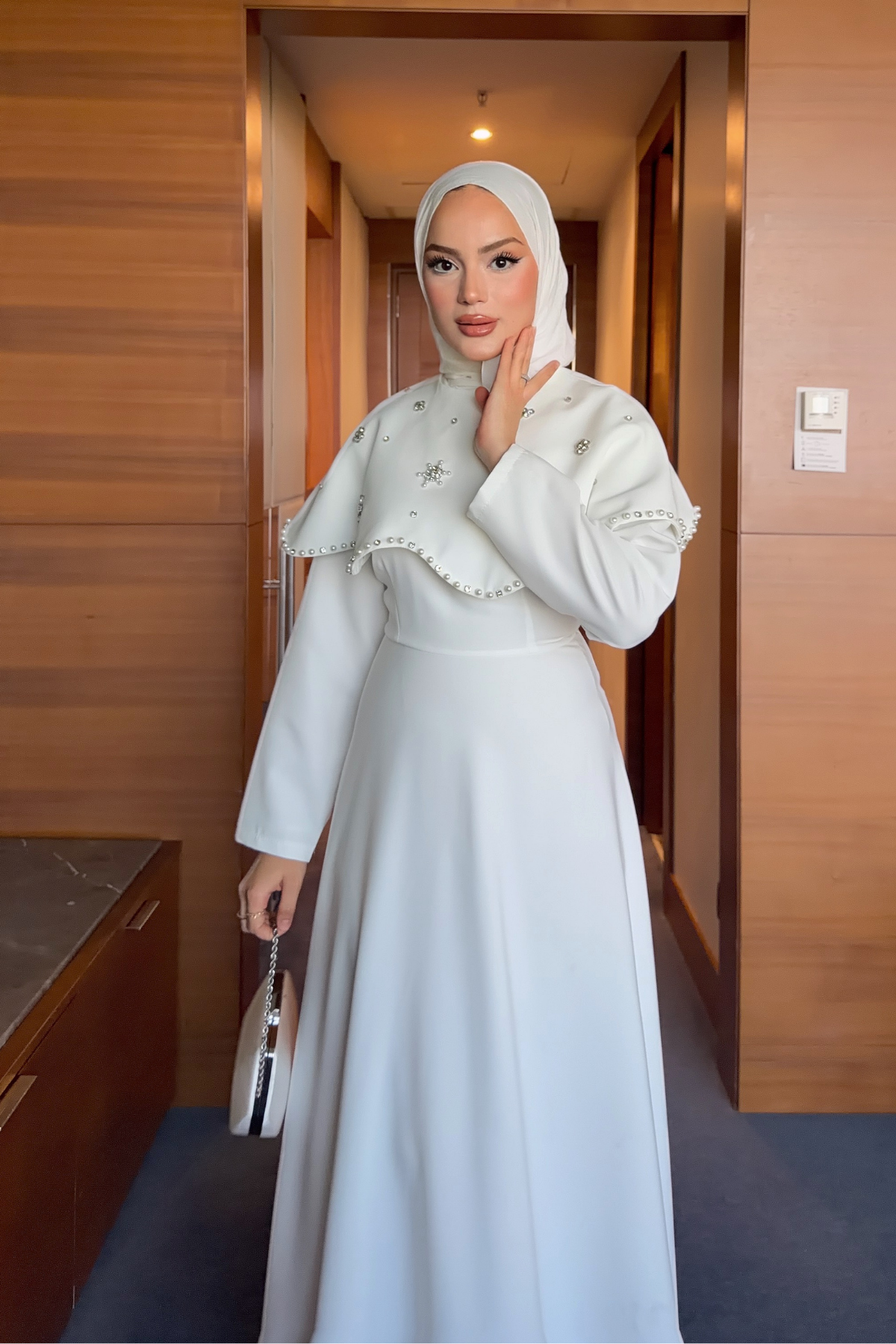 Long Dress with Detachable Cape & Crystal Embellishments — Beyaz