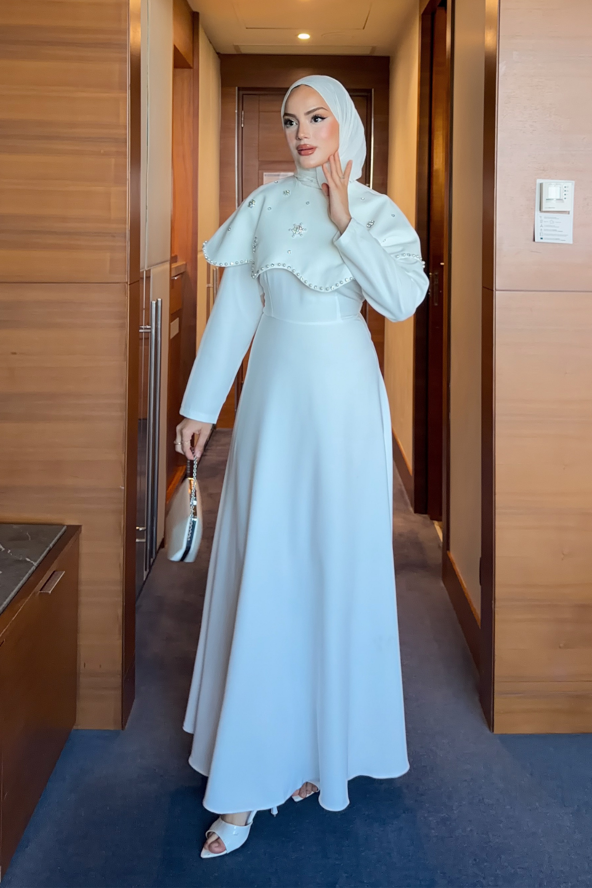 Long Dress with Detachable Cape & Crystal Embellishments — Beyaz