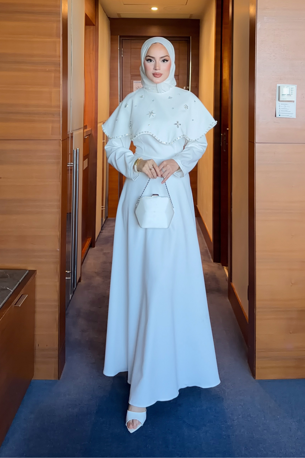 Long Dress with Detachable Cape & Crystal Embellishments — Beyaz
