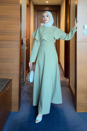 Long Dress with Detachable Cape & Crystal Embellishments — Cagla