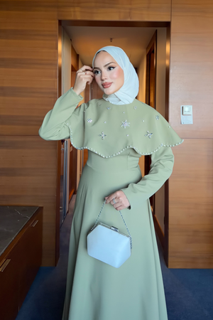 Long Dress with Detachable Cape & Crystal Embellishments — Cagla