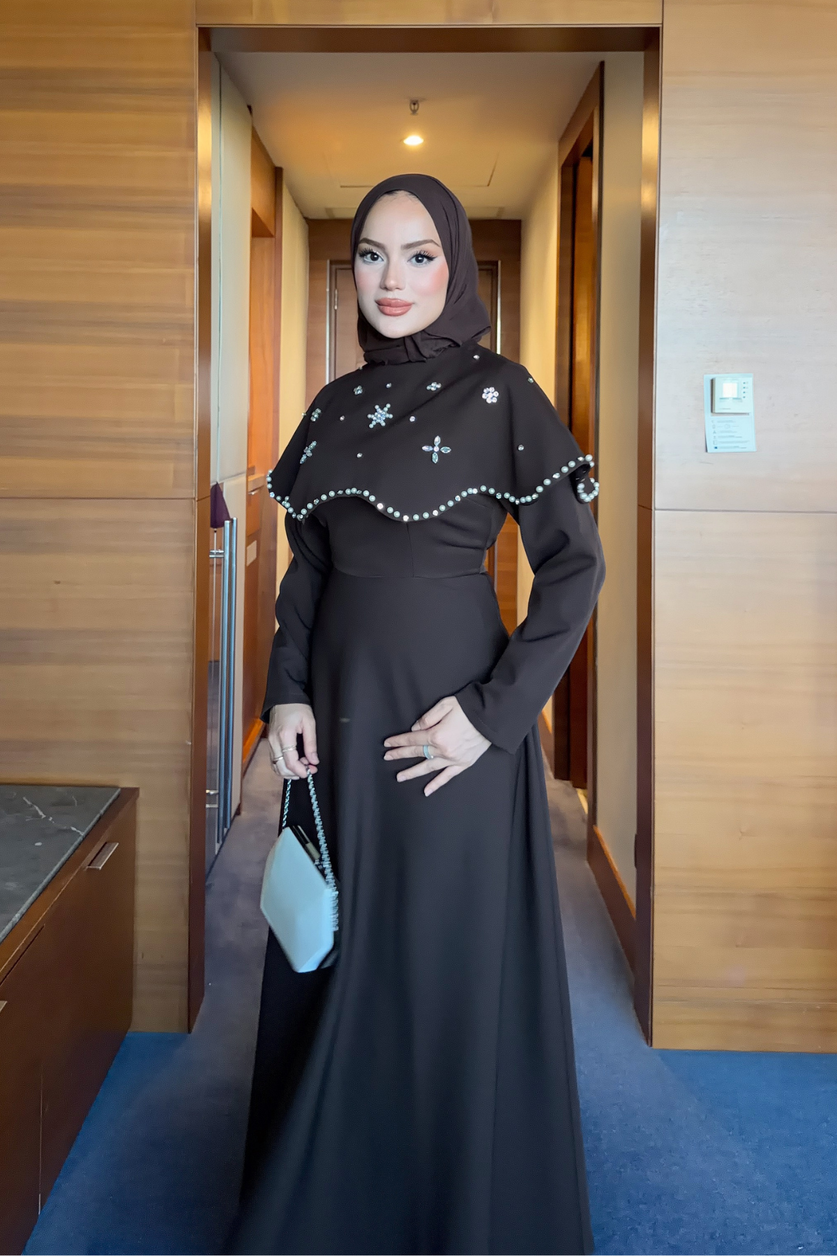 Long Dress with Detachable Cape & Crystal Embellishments — Kahverengi