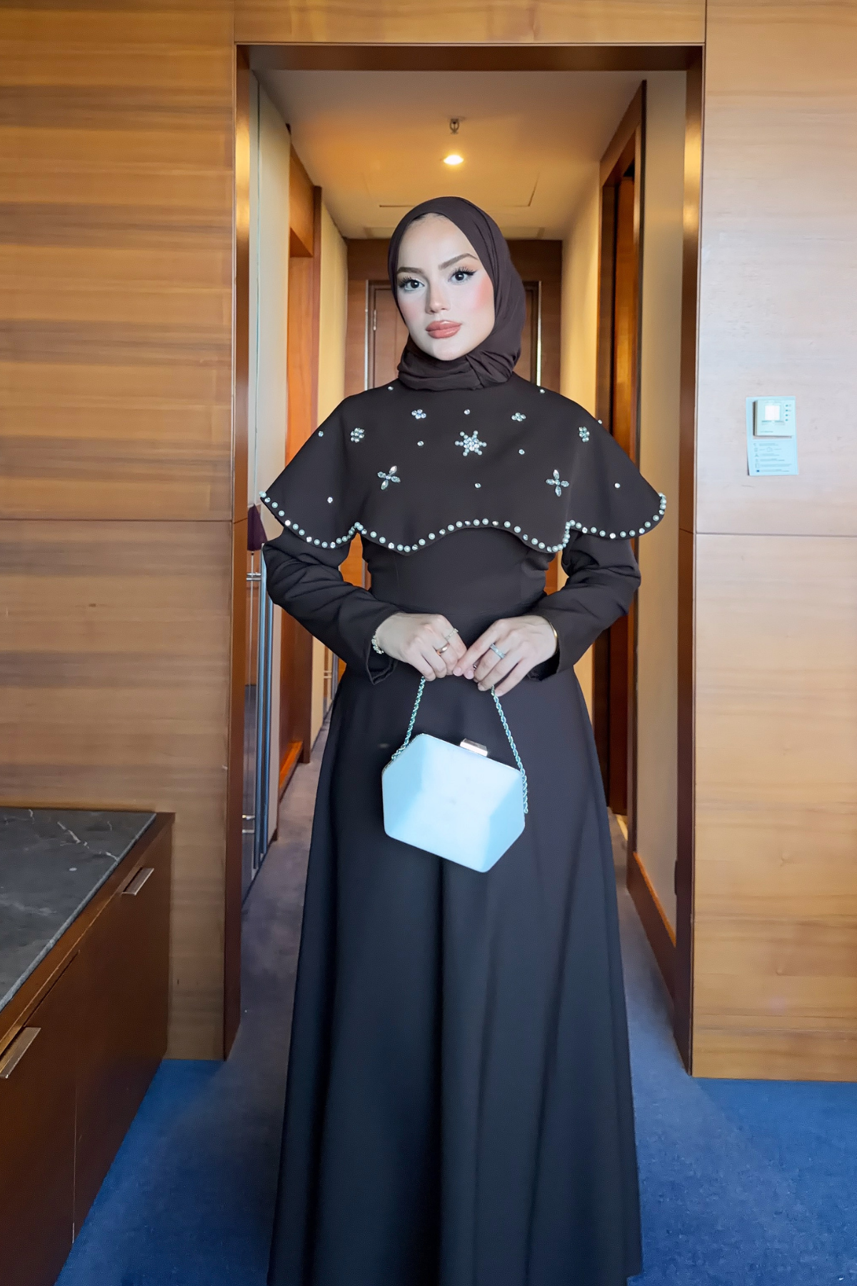 Long Dress with Detachable Cape & Crystal Embellishments — Kahverengi