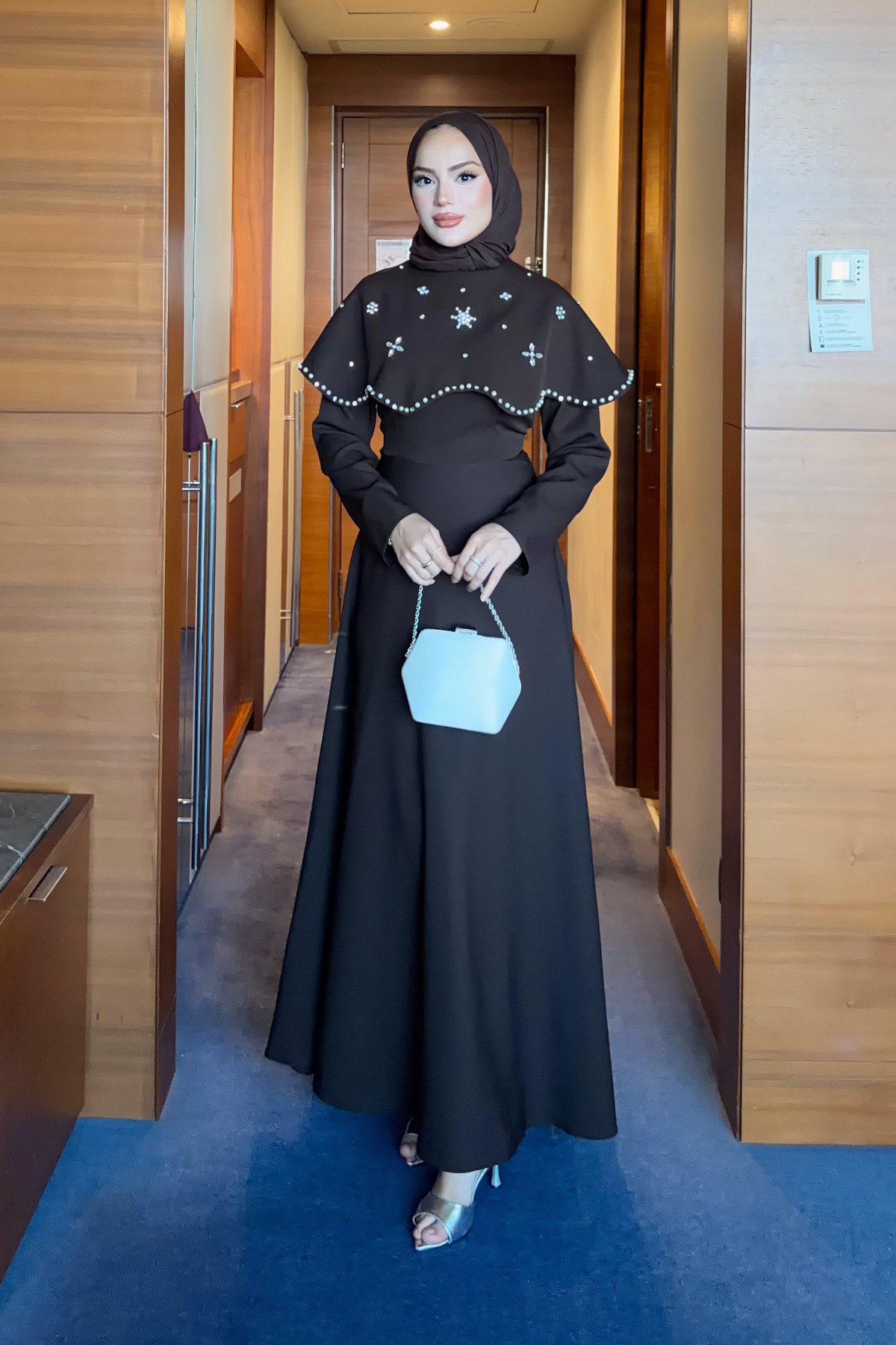 Long Dress with Detachable Cape & Crystal Embellishments — Kahverengi
