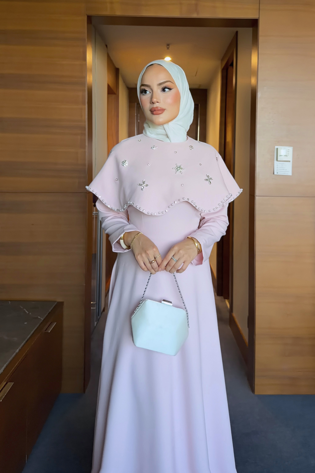 Long Dress with Detachable Cape & Crystal Embellishments — Pembe