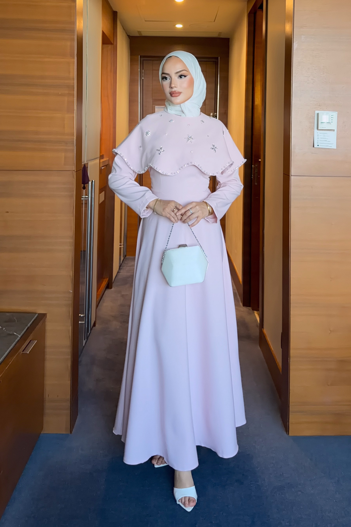 Long Dress with Detachable Cape & Crystal Embellishments — Pembe
