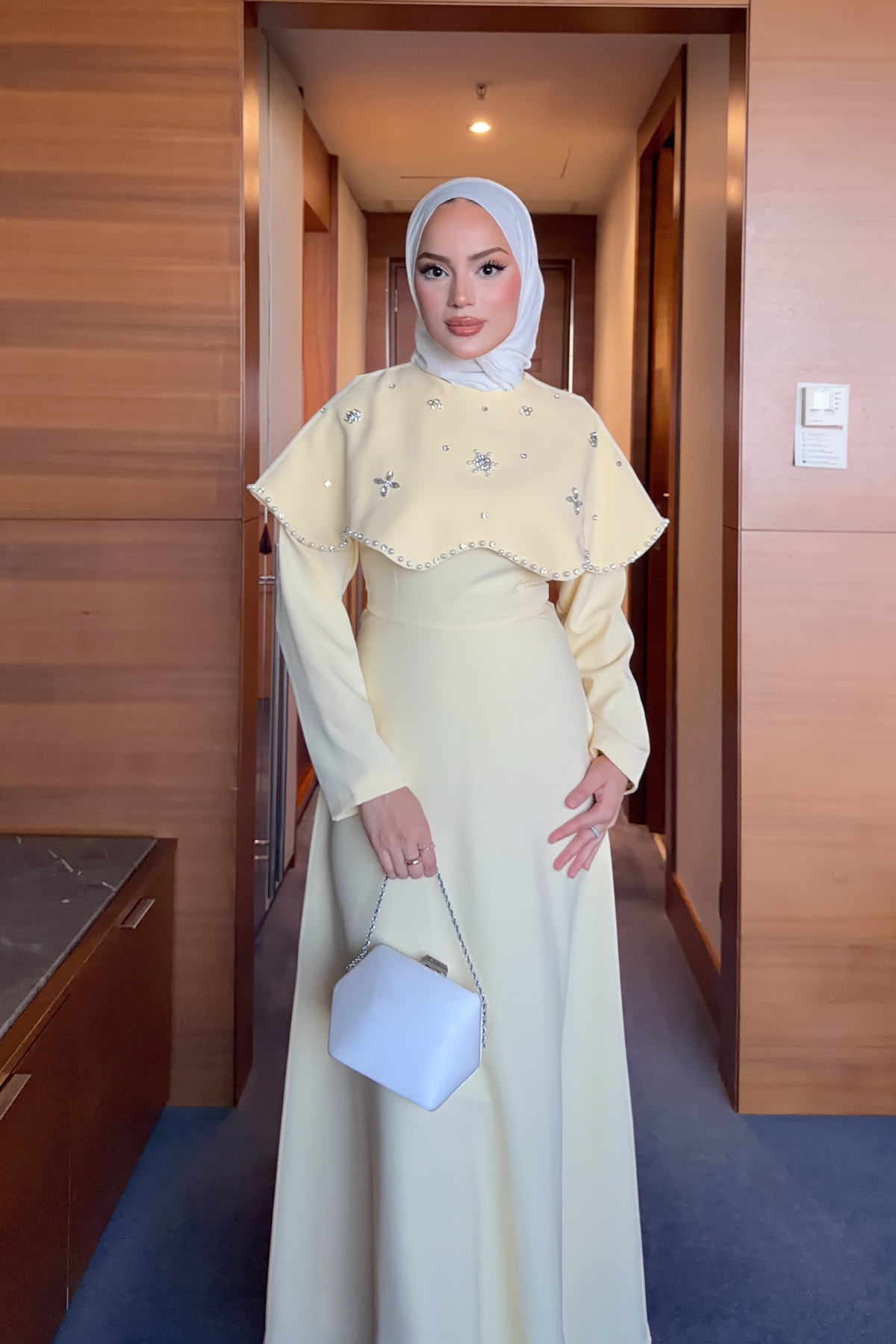 Long Dress with Detachable Cape & Crystal Embellishments — Sari
