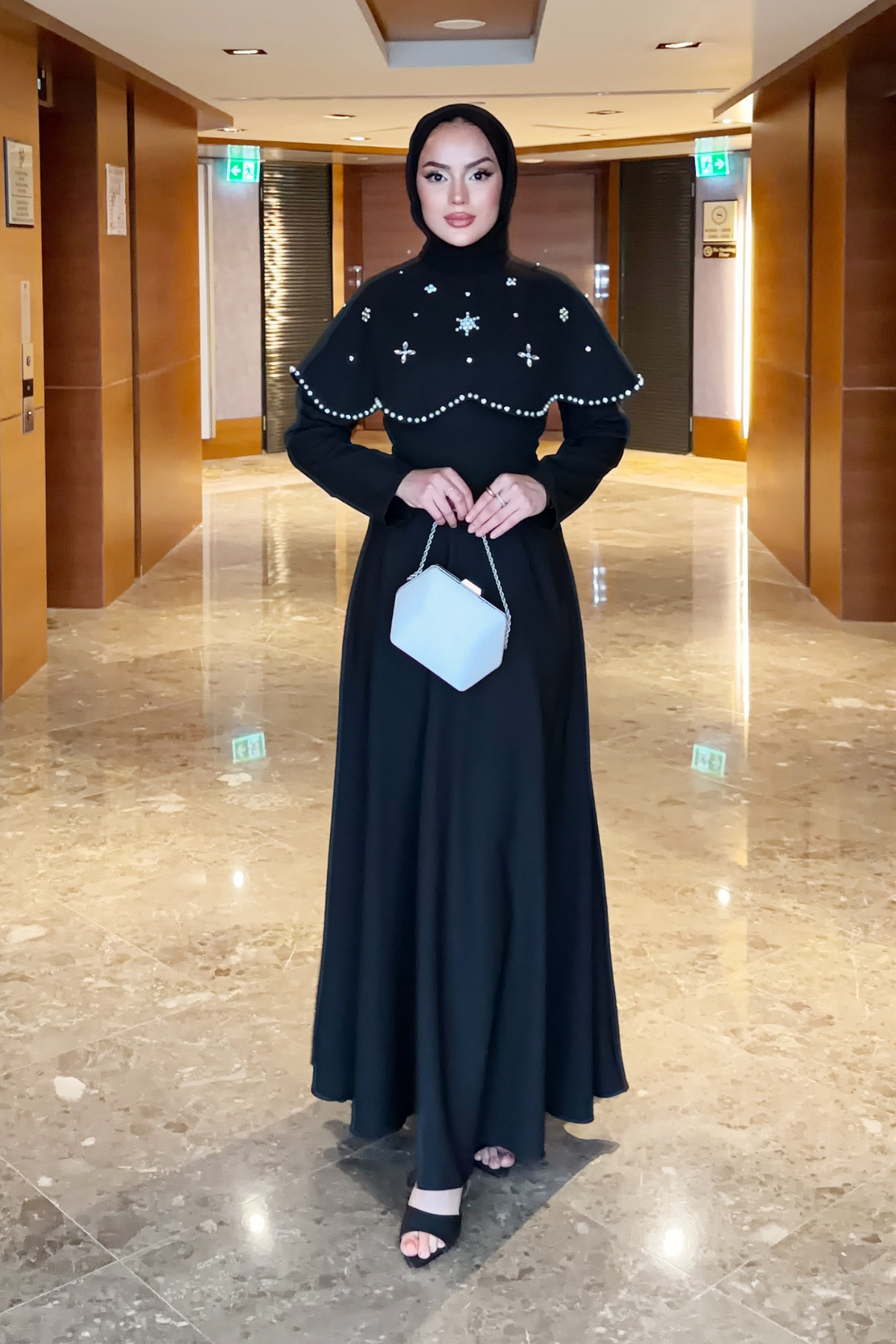 Long Dress with Detachable Cape & Crystal Embellishments — Siyah