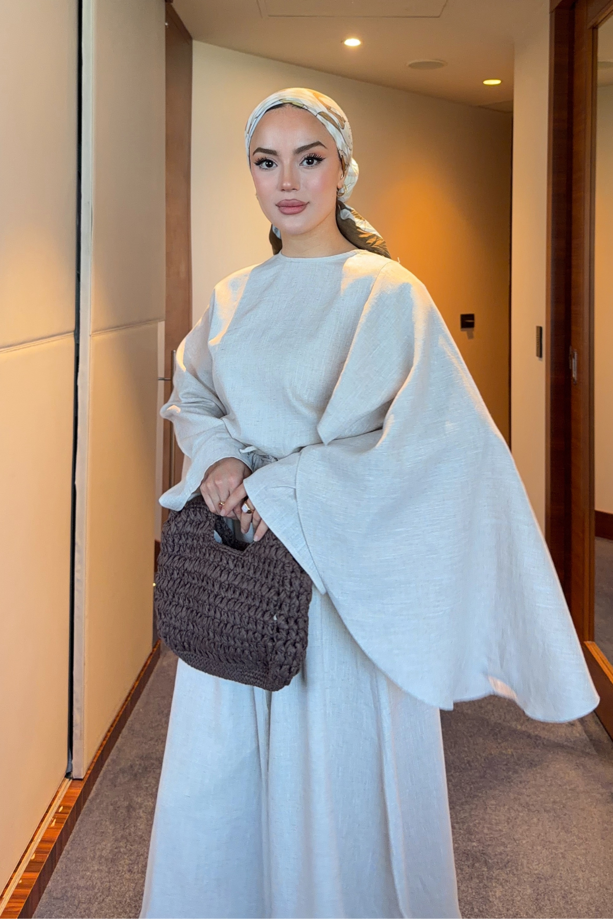 Stone Linen Set with Wide-Leg Pants & Drawstring Waist