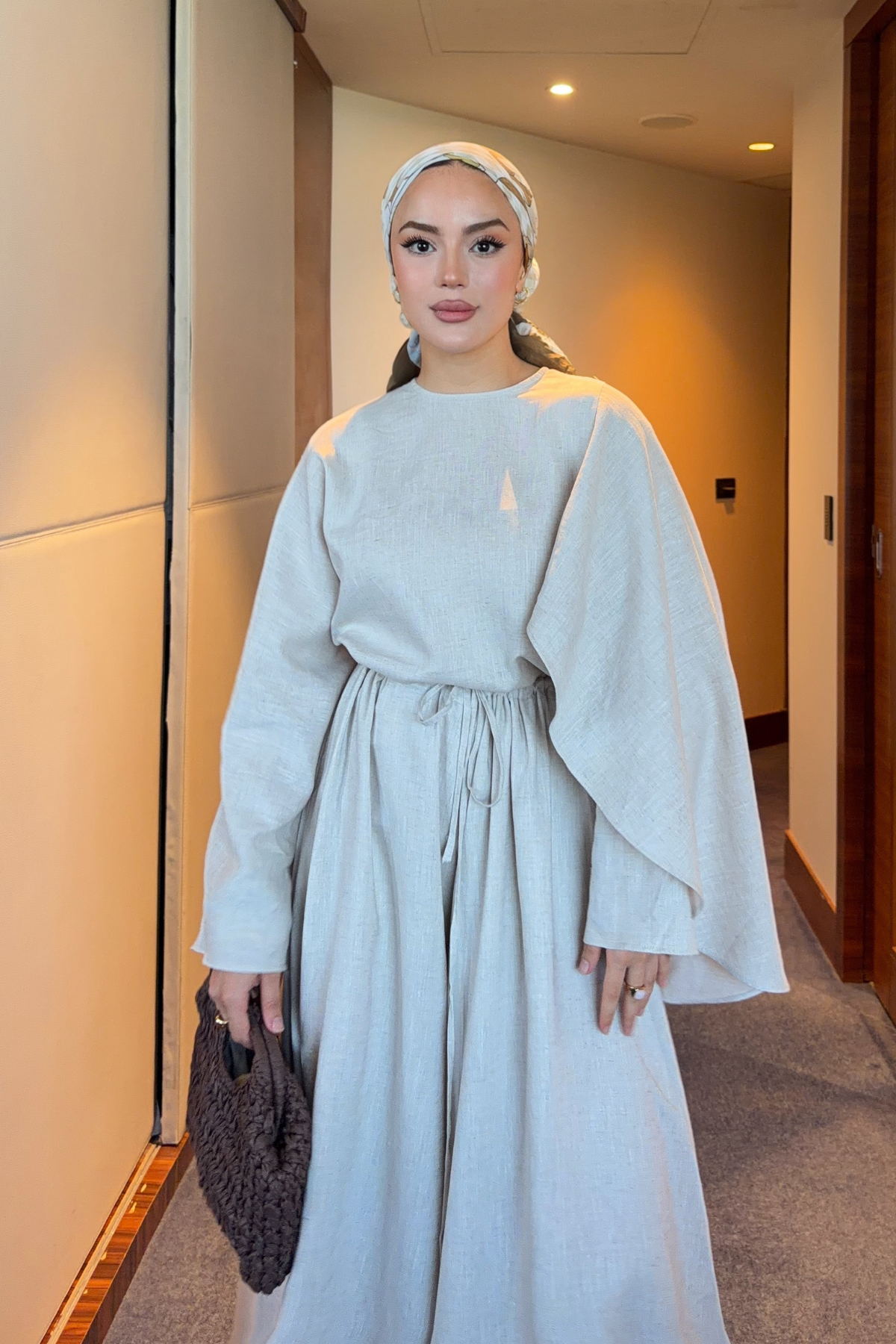 Stone Linen Set with Wide-Leg Pants & Drawstring Waist