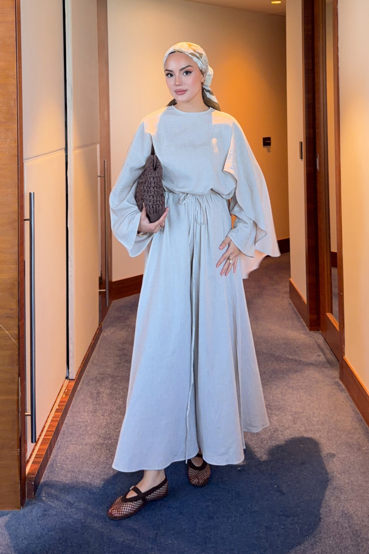 Stone Linen Set with Wide-Leg Pants & Drawstring Waist