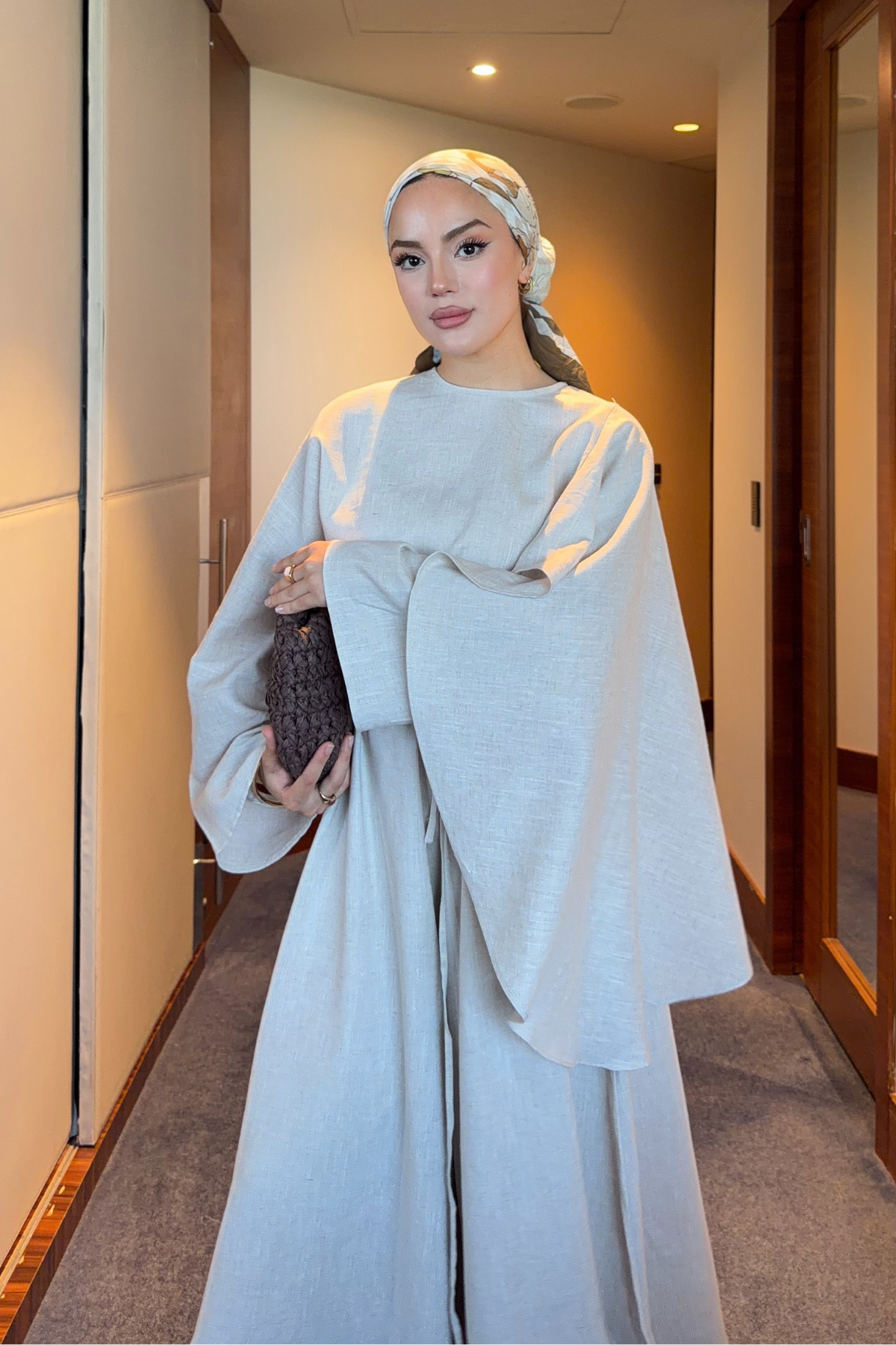 Stone Linen Set with Wide-Leg Pants & Drawstring Waist