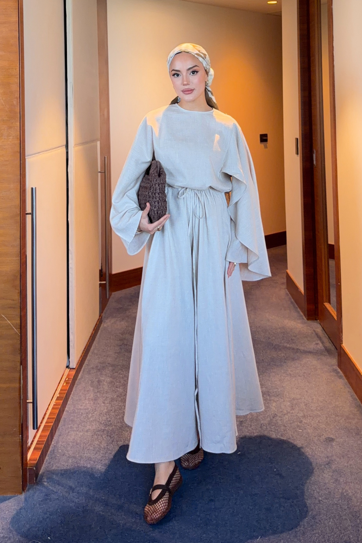 Stone Linen Set with Wide-Leg Pants & Drawstring Waist