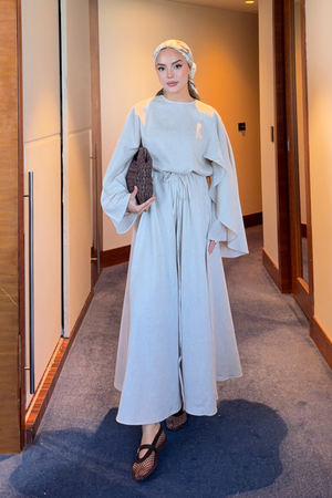 Stone Linen Set with Wide-Leg Pants & Drawstring Waist