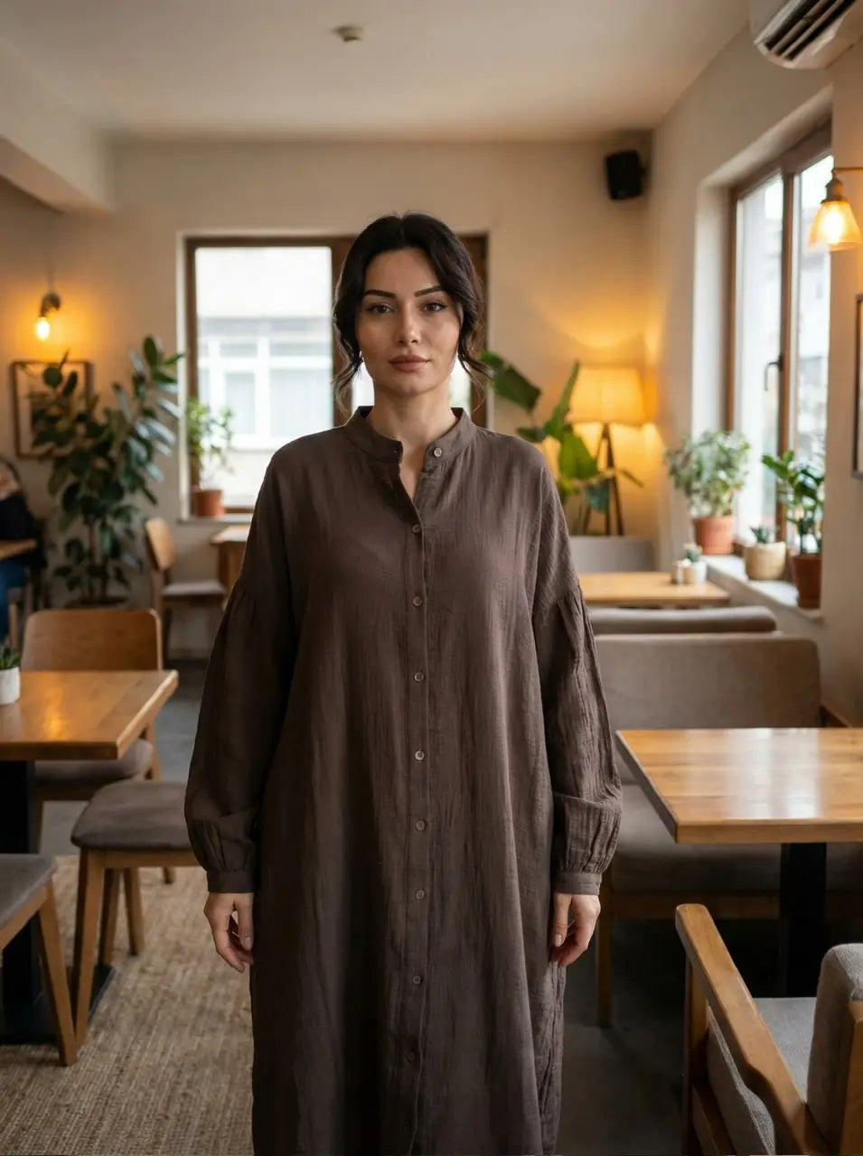 Relaxed Fit Button-Front muslin Dress with Band Collar
