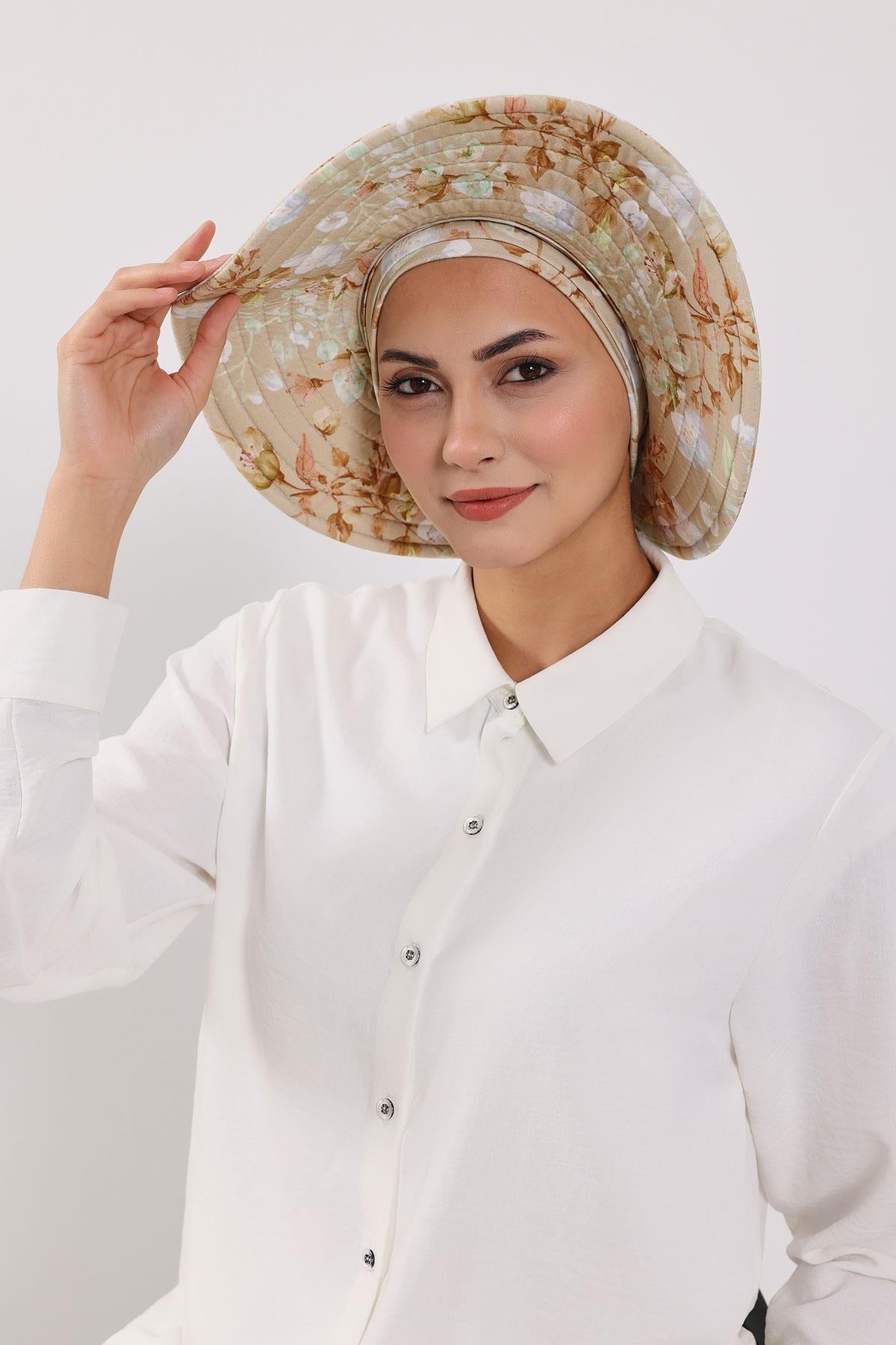 Patterned Turban Bonnet with Detachable Wide-Brim Hat