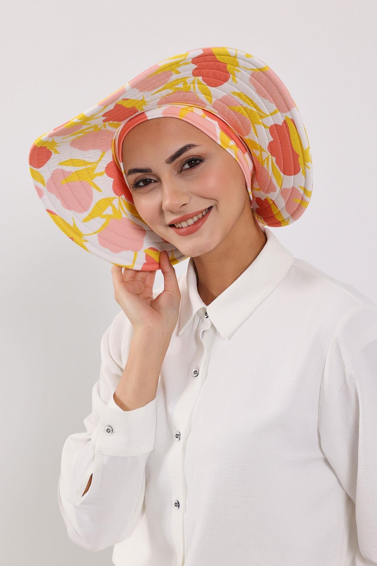 Patterned Turban Bonnet with Detachable Wide-Brim Hat