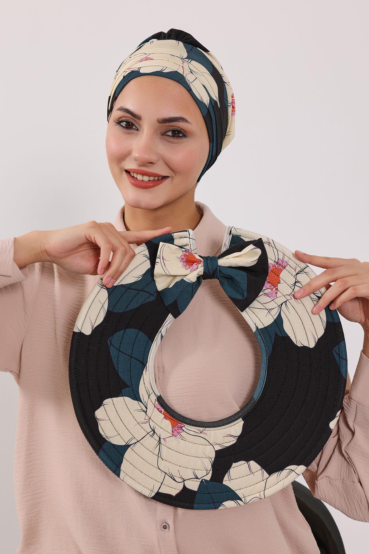 Patterned Turban Bonnet with Detachable Wide-Brim Hat