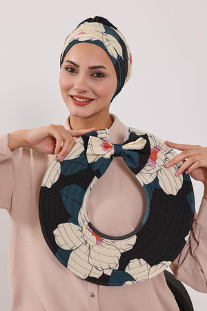 Patterned Turban Bonnet with Detachable Wide-Brim Hat