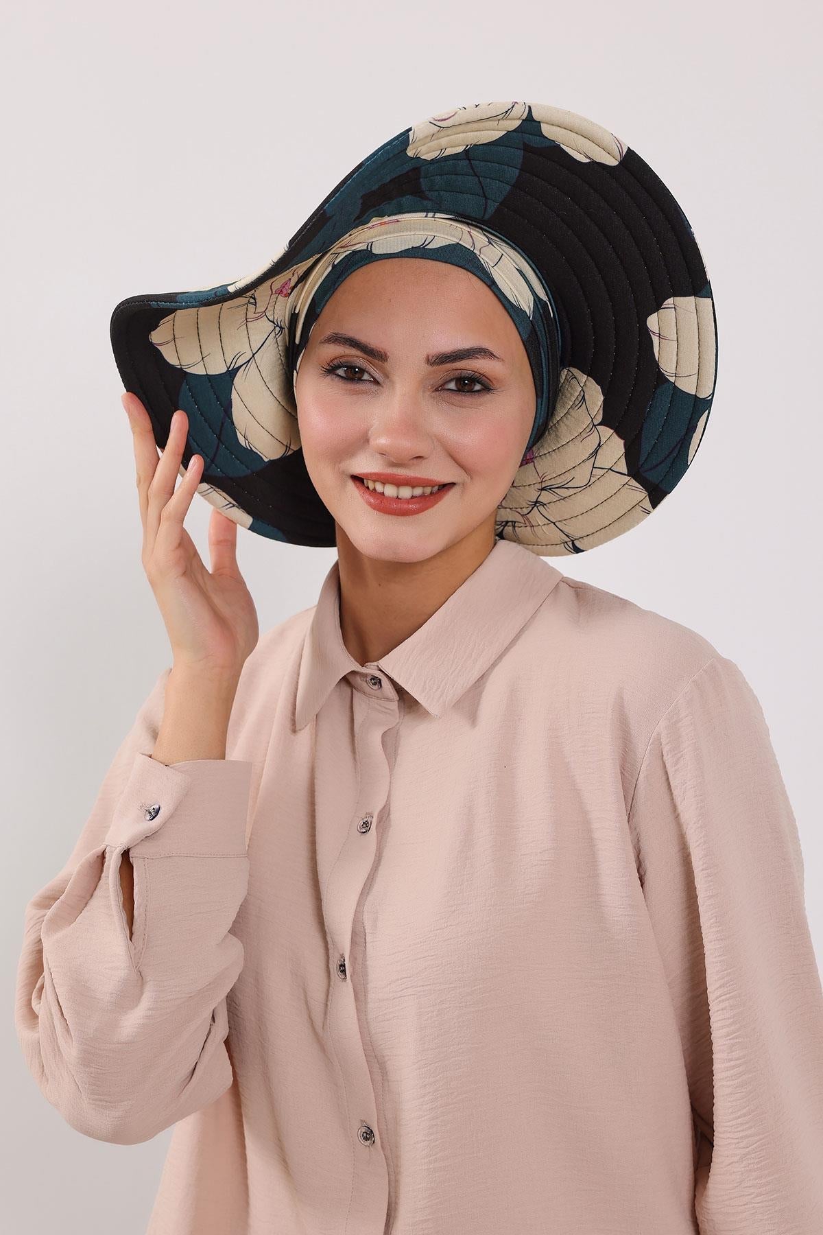 Patterned Turban Bonnet with Detachable Wide-Brim Hat