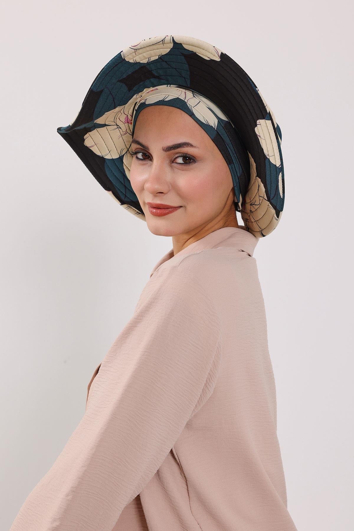Patterned Turban Bonnet with Detachable Wide-Brim Hat