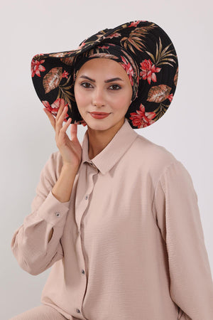 Patterned Turban Bonnet with Detachable Wide-Brim Hat