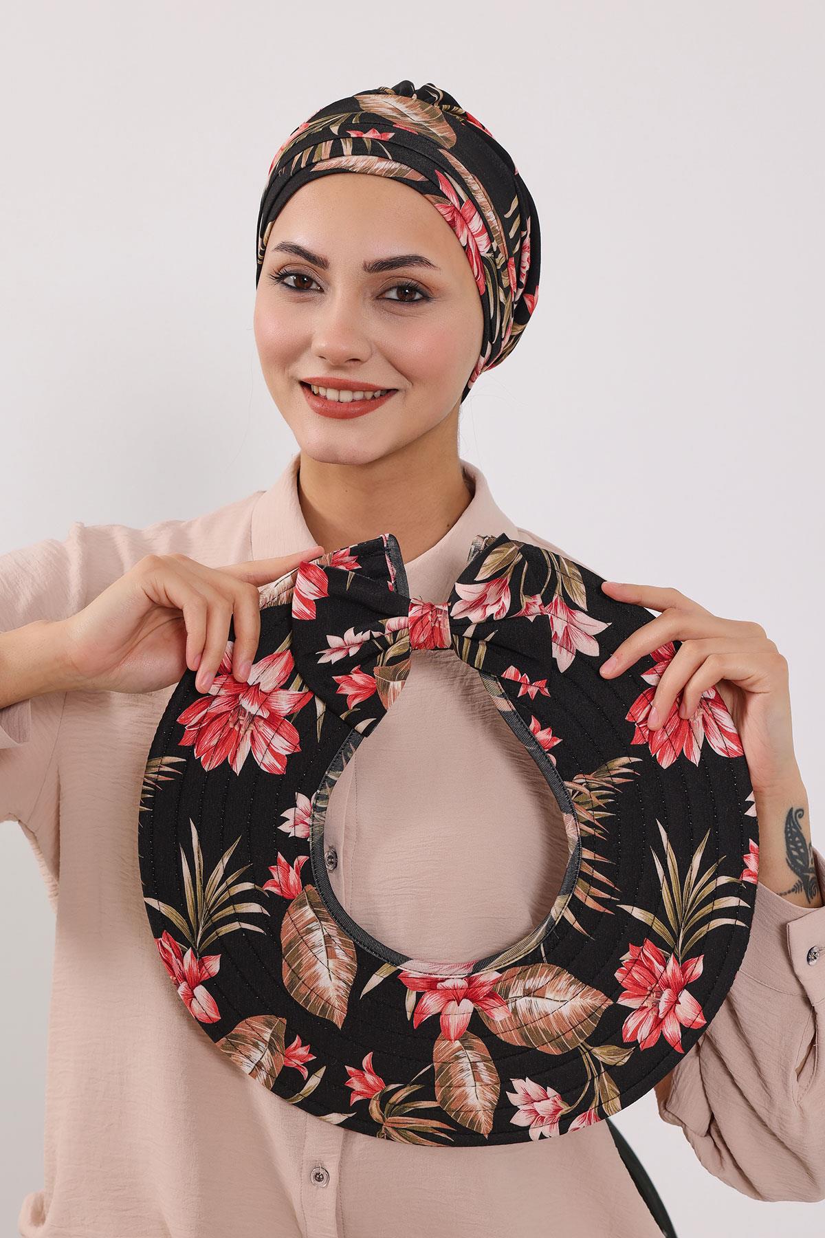 Patterned Turban Bonnet with Detachable Wide-Brim Hat