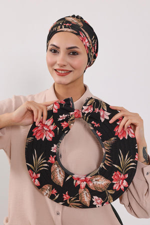 Patterned Turban Bonnet with Detachable Wide-Brim Hat