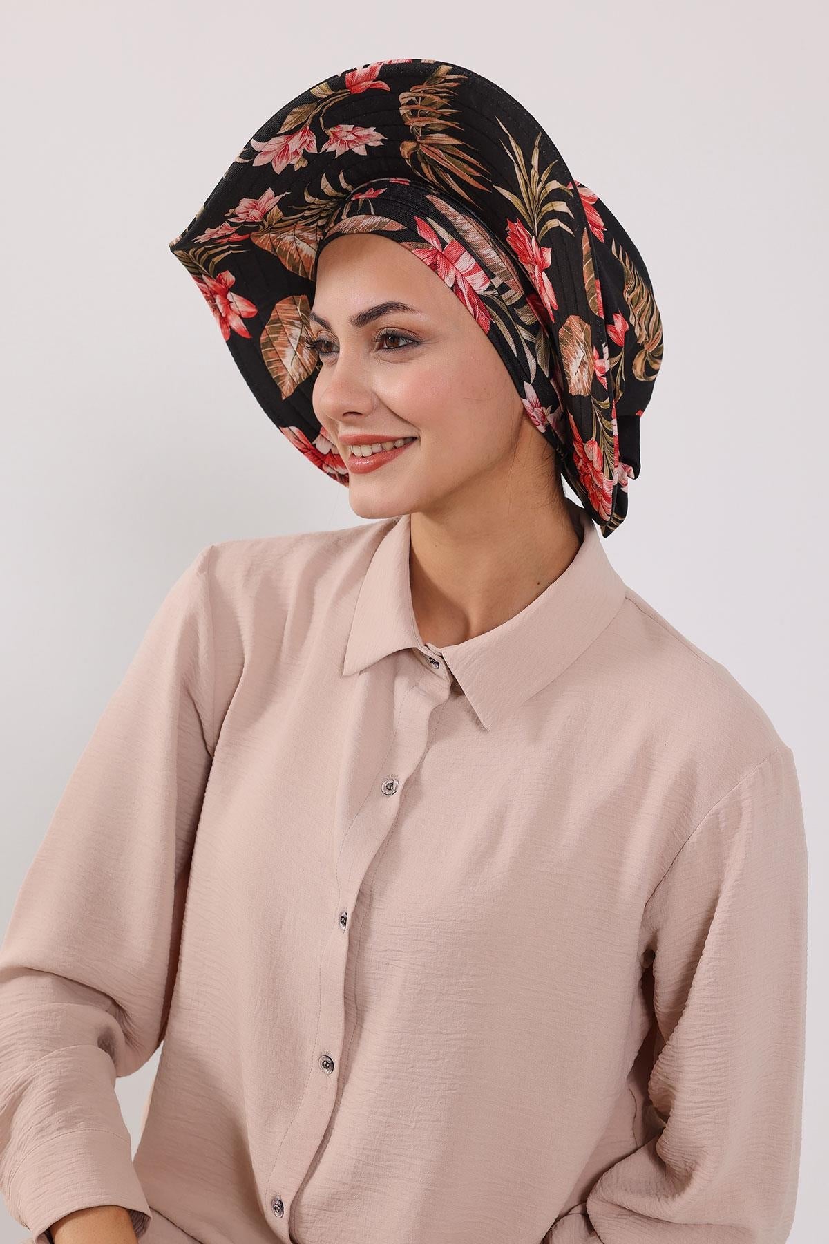 Patterned Turban Bonnet with Detachable Wide-Brim Hat