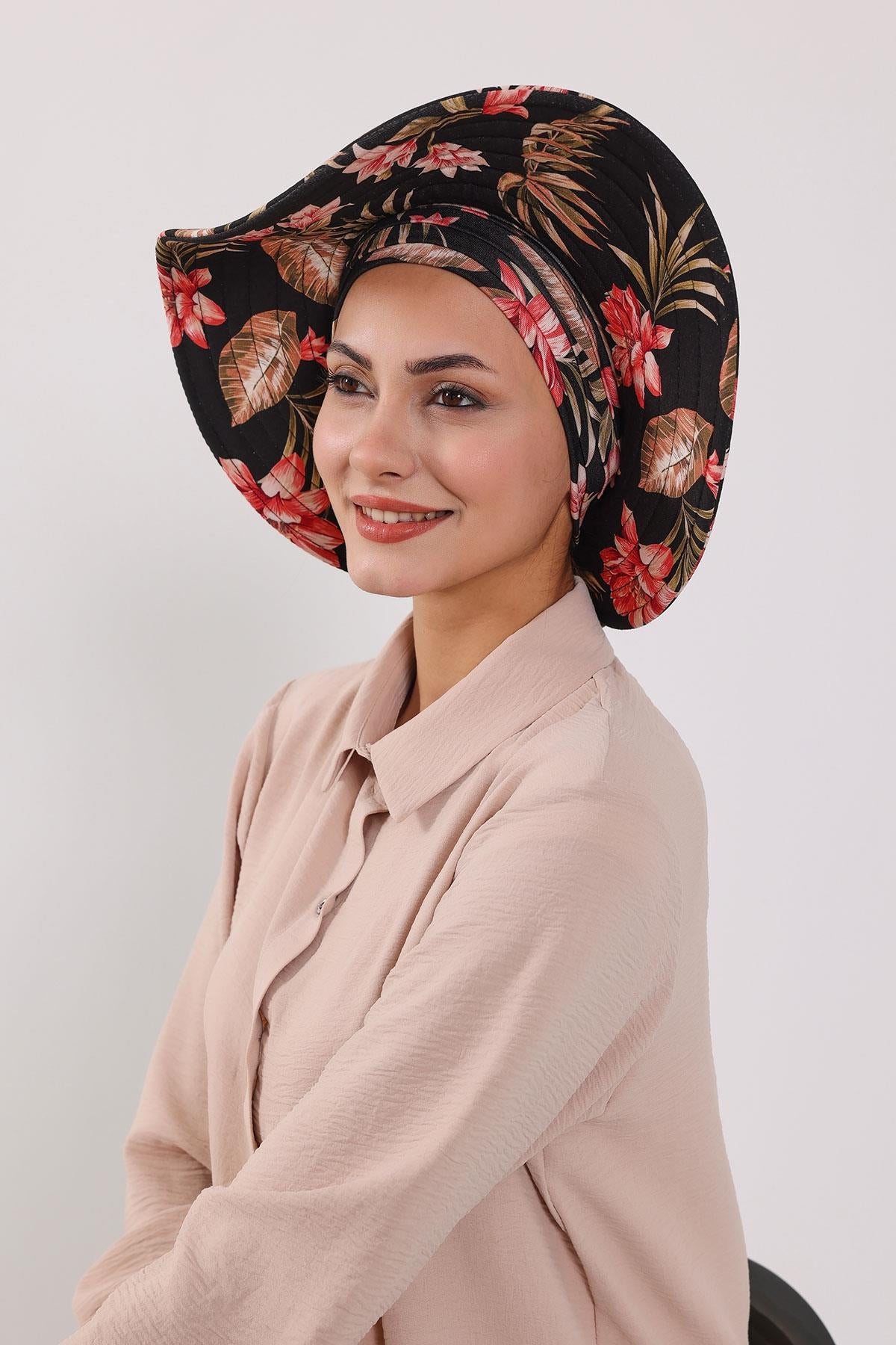 Patterned Turban Bonnet with Detachable Wide-Brim Hat