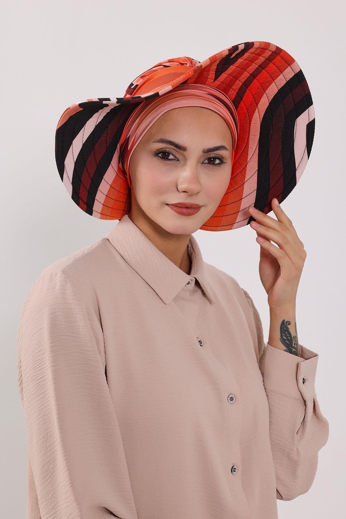 Patterned Turban Bonnet with Detachable Wide-Brim Hat