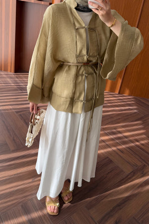 Chinese-Style Tie-Front Blouse with Wide Sleeves — HAKİ