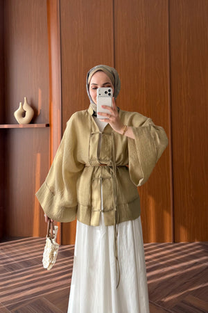 Chinese-Style Tie-Front Blouse with Wide Sleeves — HAKİ