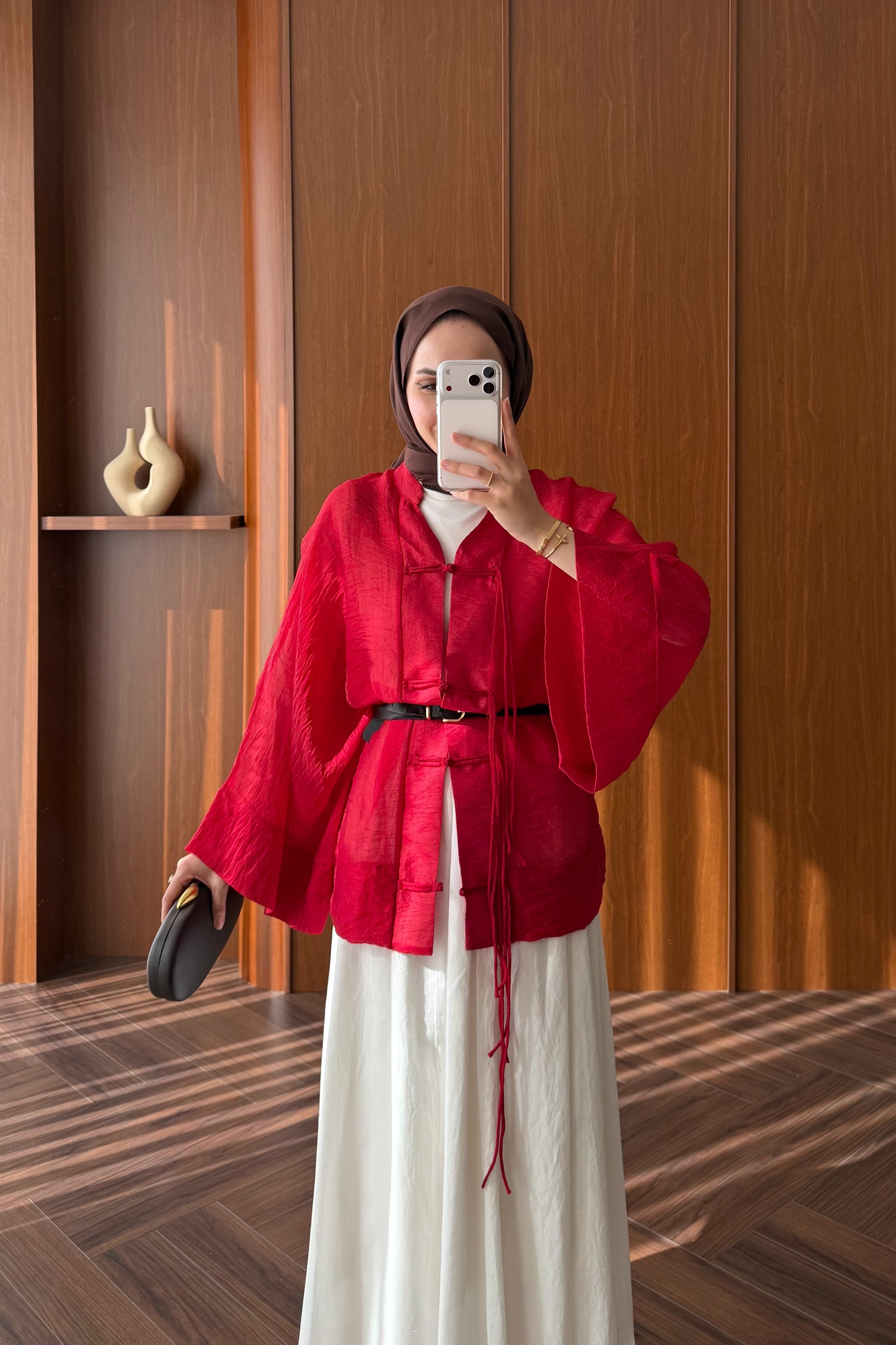 Chinese-Style Tie-Front Blouse with Wide Sleeves — KIRMIZI